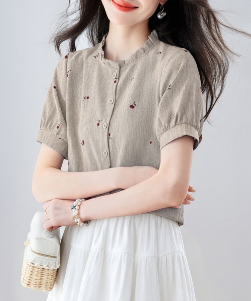 ONEP STAR(ワンピスター)の「さくらんぼ柄フリル襟パフスリーブブラウス(シャツ/ブラウス・レディース・ホワイト/カーキ/ピンク/ブルー・MEDIUM/LARGE/X-LARGE)」の15枚目の写真
