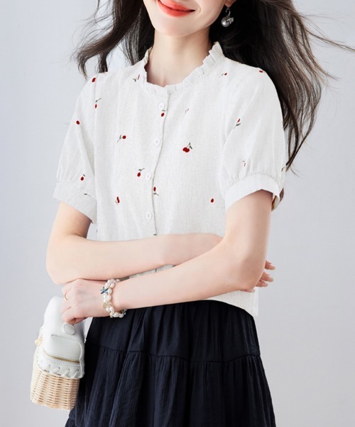 ONEP STAR(ワンピスター)の「さくらんぼ柄フリル襟パフスリーブブラウス(シャツ/ブラウス・レディース・ホワイト/カーキ/ピンク/ブルー・MEDIUM/LARGE/X-LARGE)」の8枚目の写真