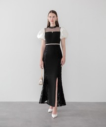 【LEJA】パフスリーブビジューラインサイドフラワーマーメイドワンピースドレス美脚効果結婚式 パーティードレス 成人式 二次会 同窓会 お呼ばれ オケージョン 20代 30代
