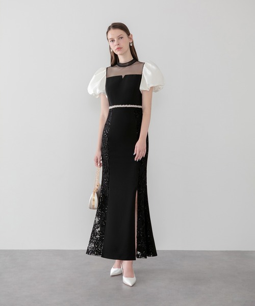Leja(レジャ)の「【LEJA】パフスリーブビジューラインサイドフラワーマーメイドワンピースドレス美脚効果結婚式 パーティードレス 成人式 二次会 同窓会 お呼ばれ オケージョン 20代 30代(ドレス・レディース・ブラック・MEDIUM/SMALL)」の3枚目の写真