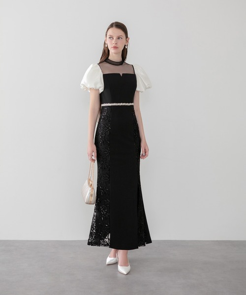 Leja(レジャ)の「【LEJA】パフスリーブビジューラインサイドフラワーマーメイドワンピースドレス美脚効果結婚式 パーティードレス 成人式 二次会 同窓会 お呼ばれ オケージョン 20代 30代(ドレス・レディース・ブラック・MEDIUM/SMALL)」の2枚目の写真