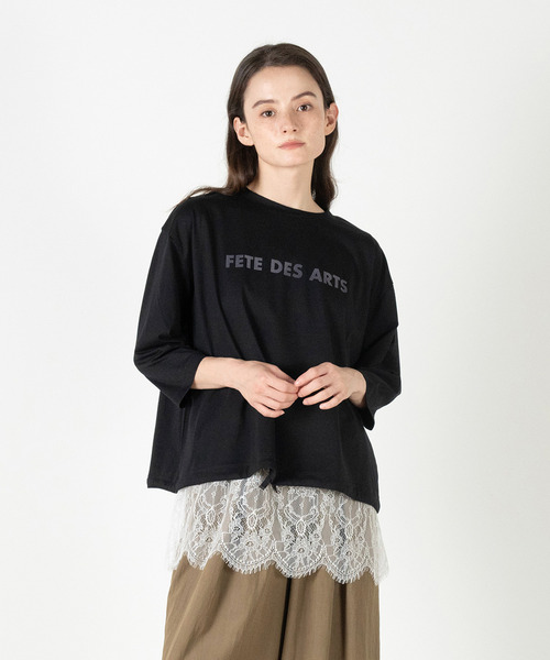 MELROSE claire(メルローズ クレール)の「【フロッキーロゴPTドロストTシャツ】(Tシャツ/カットソー・レディース・ブラック/ブラウン系その他/オフホワイト/ボルドー・FREE)」の2枚目の写真