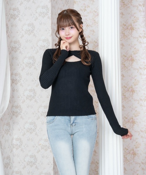 Mejoul(メジュール)の「【2026秋冬新作】フロントクロスカットアウトリブニットトップス(Tシャツ/カットソー・レディース・ブラック/ホワイト/ブラウン・F)」の11枚目の写真