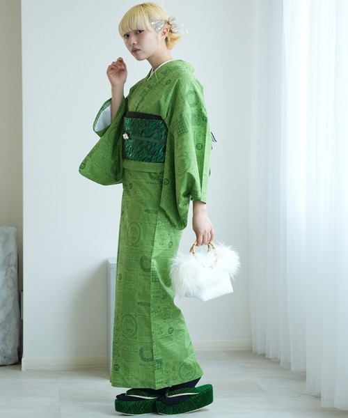 utatane(ウタタネ)の「着物 単衣 ニコアンティーク ホリデーメモリアルプレス グリーン(着物・レディース・グリーン・FREE)」の3枚目の写真