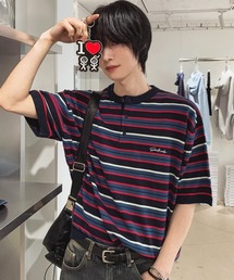 【NOWLE】ワンポイント刺繍 ヘンリーネック ボーダーサマーニット 半袖 Tシャツ / リラックス ニット トップス