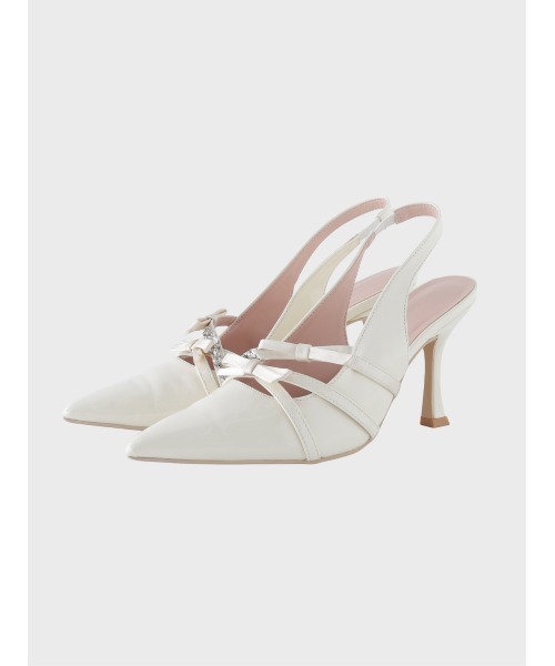 M me eme(エムミーエメ)の「Double strap ribbon pointed mules(eme11124)(その他シューズ・レディース・アイボリー/ブラック・L/M/S)」の2枚目の写真