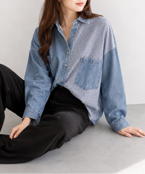 center i(センターアイ)の「配色切替デニムストライプシャツ ルーズシルエット長袖羽織り(シャツ/ブラウス・レディース・ブルー・MEDIUM/SMALL)」の7枚目の写真