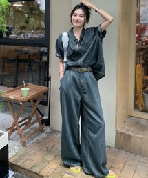 レギュラーカラーデニムシャツ&ワイドデニムパンツセットアップ