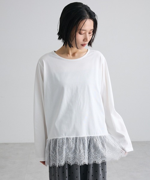 Green Parks(グリーンパークス)の「裾フレアレースドッキングインナー(Tシャツ/カットソー・レディース・オフホワイト/ブラック・FREE)」の1枚目の写真