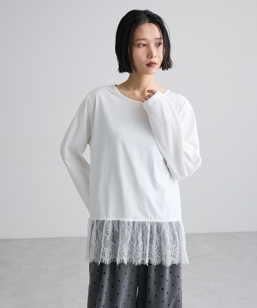 Green Parks(グリーンパークス)の「裾フレアレースドッキングインナー(Tシャツ/カットソー・レディース・オフホワイト/ブラック・FREE)」の5枚目の写真
