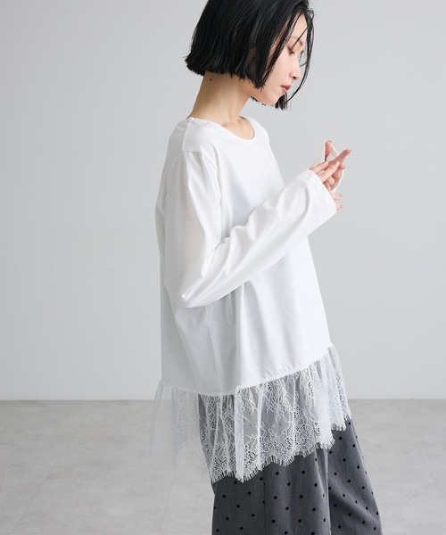 Green Parks(グリーンパークス)の「裾フレアレースドッキングインナー(Tシャツ/カットソー・レディース・オフホワイト/ブラック・FREE)」の6枚目の写真