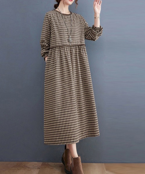 ReRe(リリ)の「チェック柄レース切り替えロングワンピース(ワンピース・レディース・ブラック/ブラウン・MEDIUM/X-LARGE/LARGE)」の2枚目の写真
