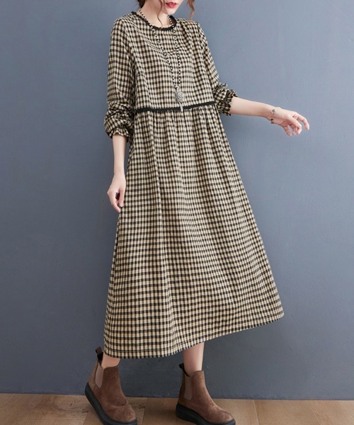 ReRe(リリ)の「チェック柄レース切り替えロングワンピース(ワンピース・レディース・ブラック/ブラウン・MEDIUM/X-LARGE/LARGE)」の4枚目の写真