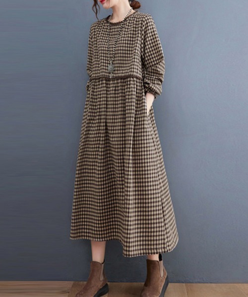 ReRe(リリ)の「チェック柄レース切り替えロングワンピース(ワンピース・レディース・ブラック/ブラウン・MEDIUM/X-LARGE/LARGE)」の10枚目の写真