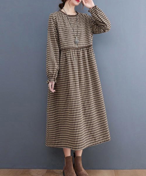 ReRe(リリ)の「チェック柄レース切り替えロングワンピース(ワンピース・レディース・ブラック/ブラウン・MEDIUM/X-LARGE/LARGE)」の13枚目の写真