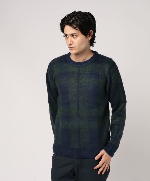 Taka Q タカキュー の タカキューメンズ Taka Q Men モヘアタッチチェック柄クルーネックニット 黒 グリーン ニット セーター Wear