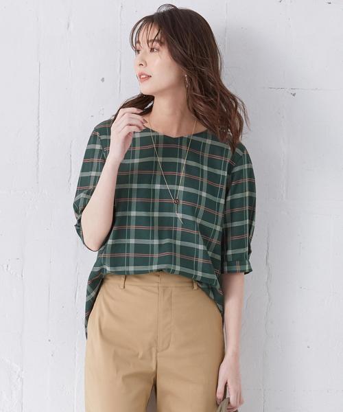 J.PRESS(ジェイプレス)の「【洗える】キュプラコットンドビーチェック 5分袖ブラウス(シャツ/ブラウス・レディース・オレンジ系4/ブルー系4/グリーン系4・11/9)」の2枚目の写真