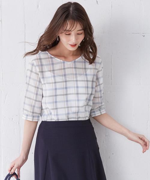 J.PRESS(ジェイプレス)の「【洗える】キュプラコットンドビーチェック 5分袖ブラウス(シャツ/ブラウス・レディース・オレンジ系4/ブルー系4/グリーン系4・11/9)」の1枚目の写真