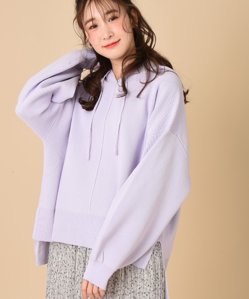 INTERPLANET（インタープラネット）の「【ＷＥＢ限定】編地切替フード付プルオーバー（ニット/セーター・レディース・パープル/ブラック/グレイッシュベージュ・FREE）」の3枚目の写真