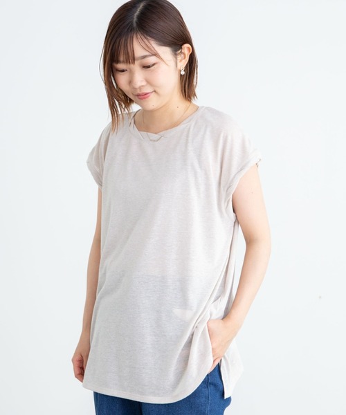 Green　Parks（グリーンパークス）の「麻ブレンドフレンチスリーブプルオーバー＊（Tシャツ/カットソー・レディース・ベージュ/キャメル/チャコールグレー/イエロー/サックスブルー/オフホワイト・FREE）」の3枚目の写真