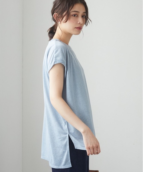 Green　Parks（グリーンパークス）の「麻ブレンドフレンチスリーブプルオーバー＊（Tシャツ/カットソー・レディース・ベージュ/キャメル/チャコールグレー/イエロー/サックスブルー/オフホワイト・FREE）」の4枚目の写真