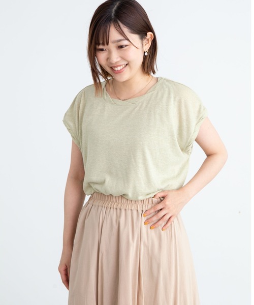 Green　Parks（グリーンパークス）の「麻ブレンドフレンチスリーブプルオーバー＊（Tシャツ/カットソー・レディース・ベージュ/キャメル/チャコールグレー/イエロー/サックスブルー/オフホワイト・FREE）」の5枚目の写真