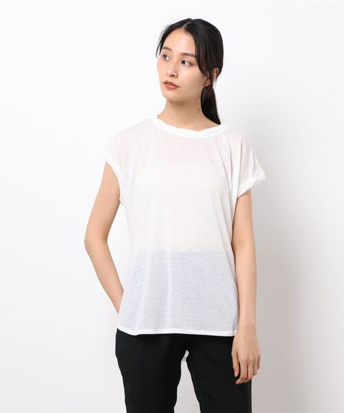 Green　Parks（グリーンパークス）の「麻ブレンドフレンチスリーブプルオーバー＊（Tシャツ/カットソー・レディース・ベージュ/キャメル/チャコールグレー/イエロー/サックスブルー/オフホワイト・FREE）」の17枚目の写真