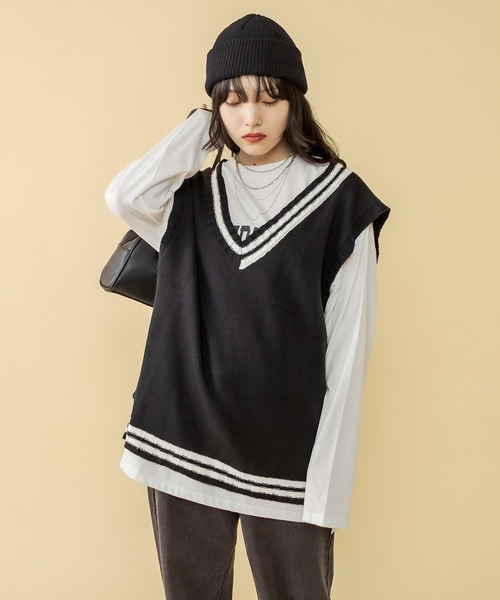 RASVOA(ラスボア)の「アシメラインニットベスト(ベスト・レディース・オフホワイト/ブラック・FREE)」の3枚目の写真