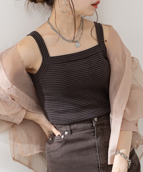 Chico（チコ）の「【新色追加】ボーダースクエアタンク（タンクトップ・レディース・ブラウン/ホワイト/グリーン・FREE）」の3枚目の写真