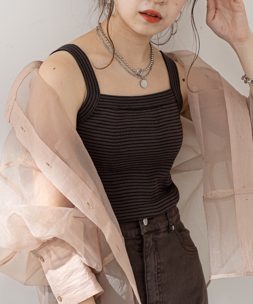 Chico（チコ）の「【新色追加】ボーダースクエアタンク（タンクトップ・レディース・ブラウン/ホワイト/グリーン・FREE）」の7枚目の写真