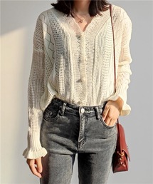 透かしVネックニットカーディガン
