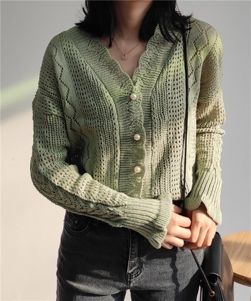 MAISON DE THERESE（メゾン ド テレーズ）の「透かしVネックニットカーディガン（カーディガン/ボレロ・レディース・ライトグリーン/ホワイト・FREE）」の16枚目の写真