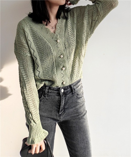 MAISON DE THERESE（メゾン ド テレーズ）の「透かしVネックニットカーディガン（カーディガン/ボレロ・レディース・ライトグリーン/ホワイト・FREE）」の15枚目の写真