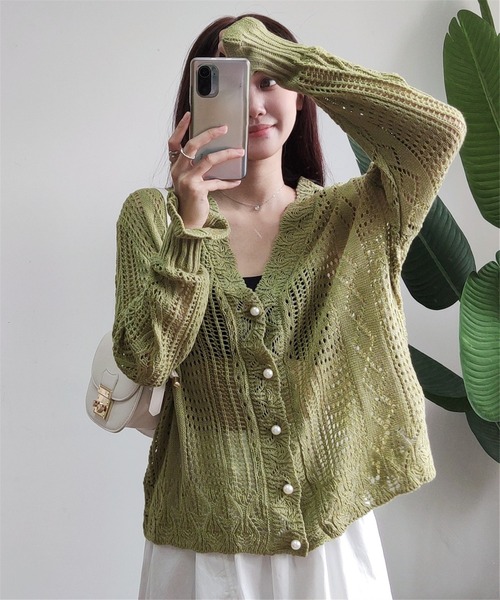 MAISON DE THERESE（メゾン ド テレーズ）の「透かしVネックニットカーディガン（カーディガン/ボレロ・レディース・ライトグリーン/ホワイト・FREE）」の22枚目の写真