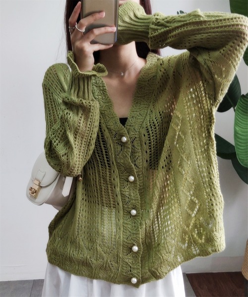 MAISON DE THERESE（メゾン ド テレーズ）の「透かしVネックニットカーディガン（カーディガン/ボレロ・レディース・ライトグリーン/ホワイト・FREE）」の21枚目の写真