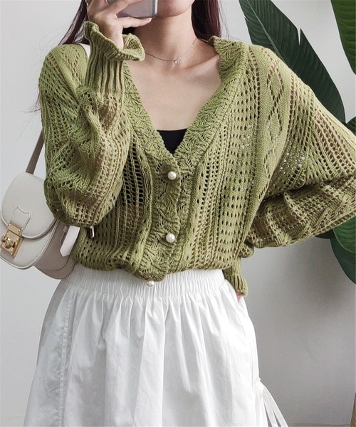 MAISON DE THERESE（メゾン ド テレーズ）の「透かしVネックニットカーディガン（カーディガン/ボレロ・レディース・ライトグリーン/ホワイト・FREE）」の20枚目の写真