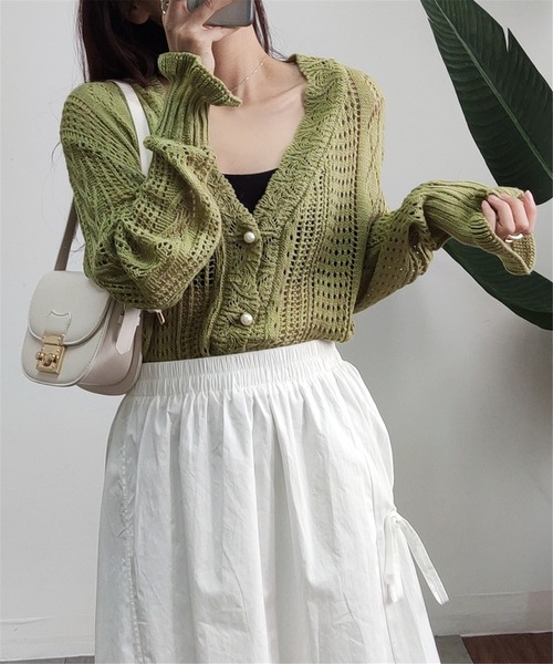 MAISON DE THERESE（メゾン ド テレーズ）の「透かしVネックニットカーディガン（カーディガン/ボレロ・レディース・ライトグリーン/ホワイト・FREE）」の18枚目の写真