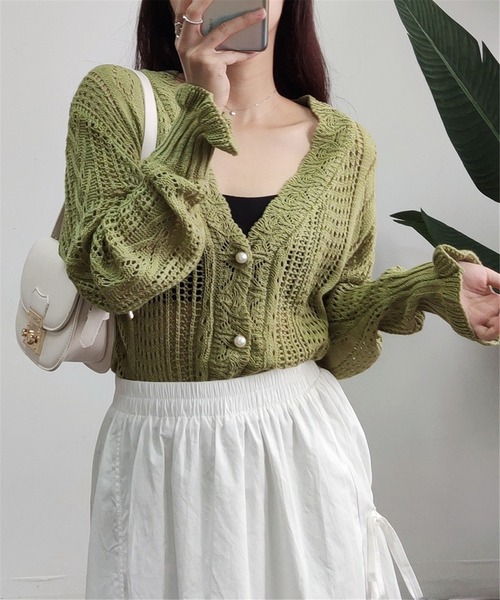 MAISON DE THERESE（メゾン ド テレーズ）の「透かしVネックニットカーディガン（カーディガン/ボレロ・レディース・ライトグリーン/ホワイト・FREE）」の17枚目の写真