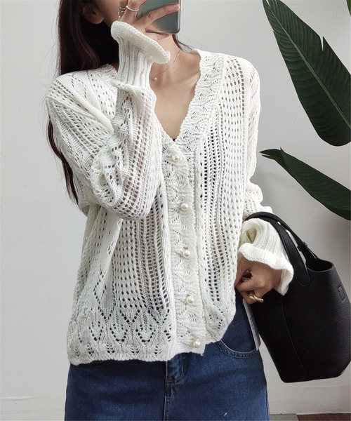 MAISON DE THERESE（メゾン ド テレーズ）の「透かしVネックニットカーディガン（カーディガン/ボレロ・レディース・ライトグリーン/ホワイト・FREE）」の14枚目の写真