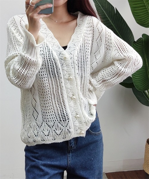 MAISON DE THERESE（メゾン ド テレーズ）の「透かしVネックニットカーディガン（カーディガン/ボレロ・レディース・ライトグリーン/ホワイト・FREE）」の13枚目の写真