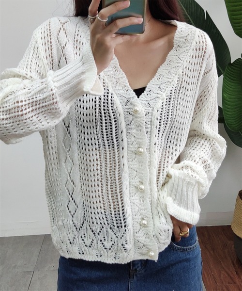 MAISON DE THERESE（メゾン ド テレーズ）の「透かしVネックニットカーディガン（カーディガン/ボレロ・レディース・ライトグリーン/ホワイト・FREE）」の12枚目の写真