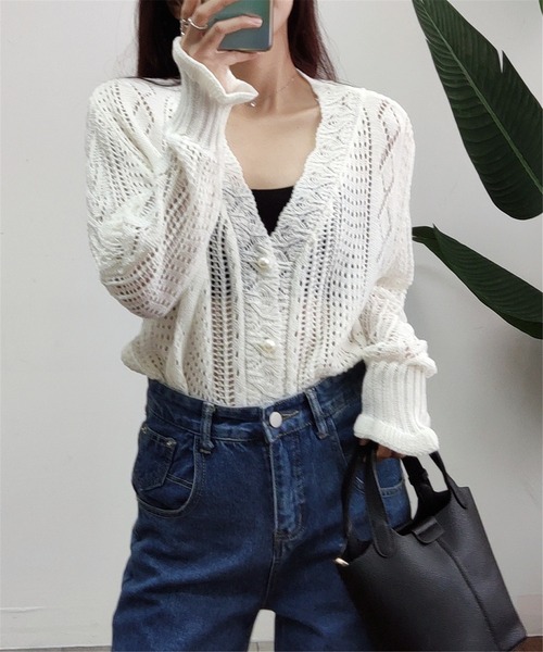 MAISON DE THERESE（メゾン ド テレーズ）の「透かしVネックニットカーディガン（カーディガン/ボレロ・レディース・ライトグリーン/ホワイト・FREE）」の10枚目の写真