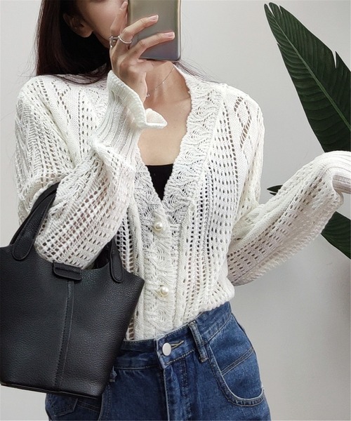 MAISON DE THERESE（メゾン ド テレーズ）の「透かしVネックニットカーディガン（カーディガン/ボレロ・レディース・ライトグリーン/ホワイト・FREE）」の9枚目の写真