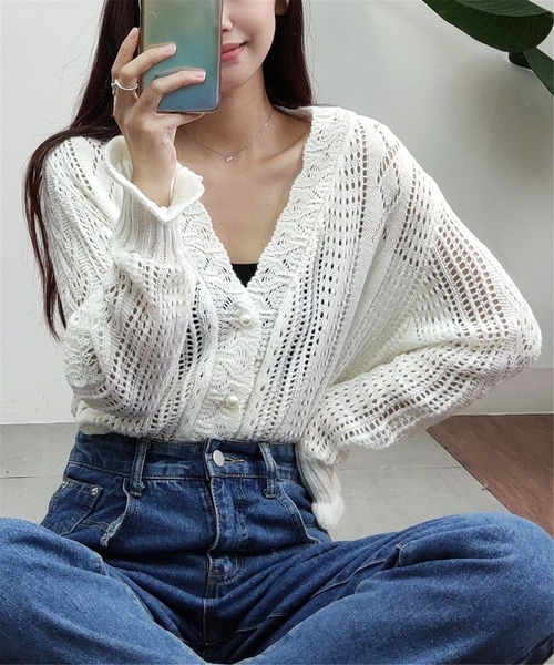 MAISON DE THERESE（メゾン ド テレーズ）の「透かしVネックニットカーディガン（カーディガン/ボレロ・レディース・ライトグリーン/ホワイト・FREE）」の8枚目の写真