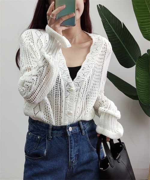 MAISON DE THERESE（メゾン ド テレーズ）の「透かしVネックニットカーディガン（カーディガン/ボレロ・レディース・ライトグリーン/ホワイト・FREE）」の6枚目の写真