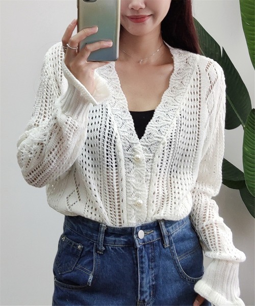 MAISON DE THERESE（メゾン ド テレーズ）の「透かしVネックニットカーディガン（カーディガン/ボレロ・レディース・ライトグリーン/ホワイト・FREE）」の5枚目の写真