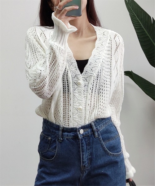 MAISON DE THERESE（メゾン ド テレーズ）の「透かしVネックニットカーディガン（カーディガン/ボレロ・レディース・ライトグリーン/ホワイト・FREE）」の4枚目の写真