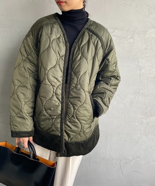JF Ready Made（ジェイエフレディメイド）の「[Jf Ready Made/ジェイエフレディメイド] リップストップ ノーカラーキルティングジャケット（ミリタリージャケット・レディース・ブラック/カーキ・F）」の5枚目の写真