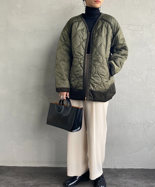 JF Ready Made（ジェイエフレディメイド）の「[Jf Ready Made/ジェイエフレディメイド] リップストップ ノーカラーキルティングジャケット（ミリタリージャケット・レディース・ブラック/カーキ・F）」の6枚目の写真