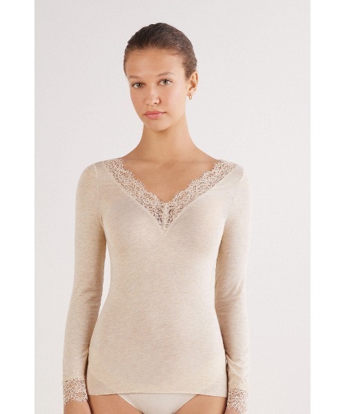 セール】モダール カシミヤ ウルトラライト ロング レースシャツ